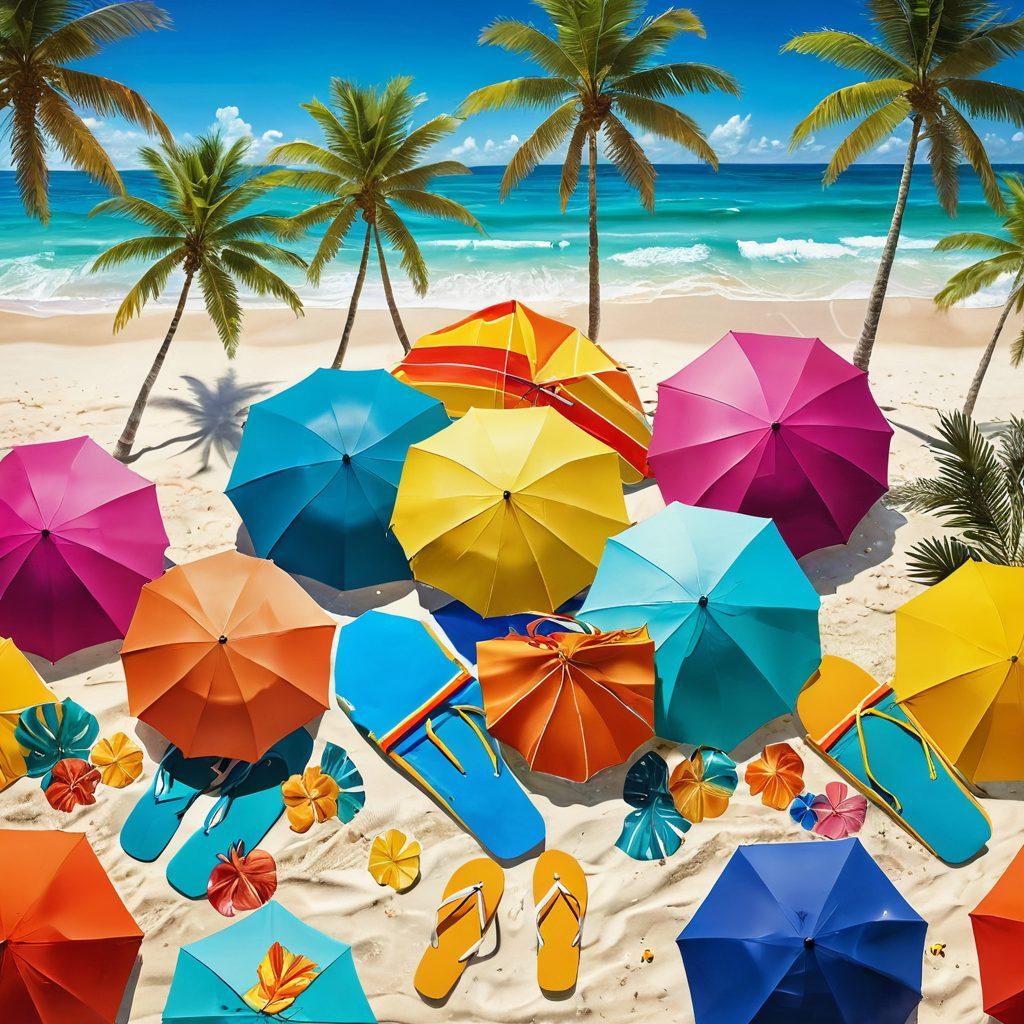 A sunny tropical beach scene with vibrant swimwear displayed on colorful beach umbrellas, palm trees swaying in the wind, and crystal-clear waves in the background. Include a stylish beach bag and flip-flops, with a layout that invokes relaxation and excitement for a getaway. Bright, inviting colors, showcasing a fashionable beach aesthetic. super-realistic. vibrant colors. soft focus.
