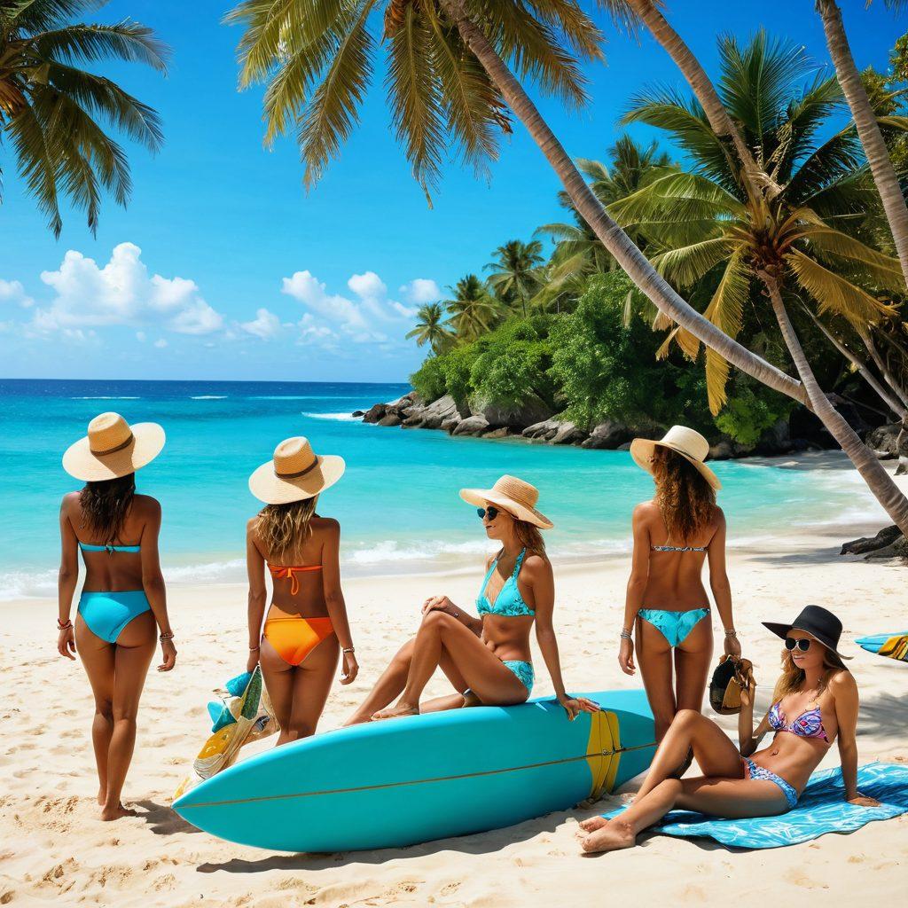 A vibrant beach scene featuring a diverse group of stylish individuals flaunting sun-kissed fashion, adorned in colorful swimwear, floppy hats, and sunglasses. Include a picturesque backdrop of turquoise waters and golden sands, with tropical palm trees swaying gently in the breeze. Enhance the atmosphere with playful beach accessories like surfboards and beach bags scattered around, conveying a sense of fun and relaxation. super-realistic. bright colors. summery vibe.